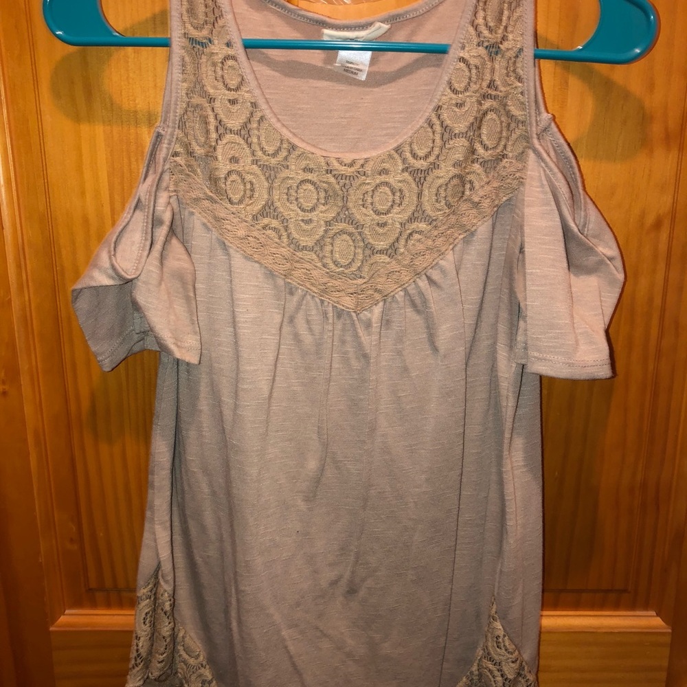 Tan lace floral open shoulder top